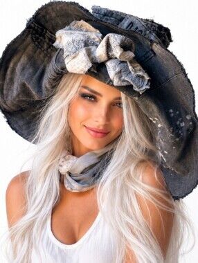 Black Denim Designer Top Hat Ripped Patched Cottage Rose Of-White Bow